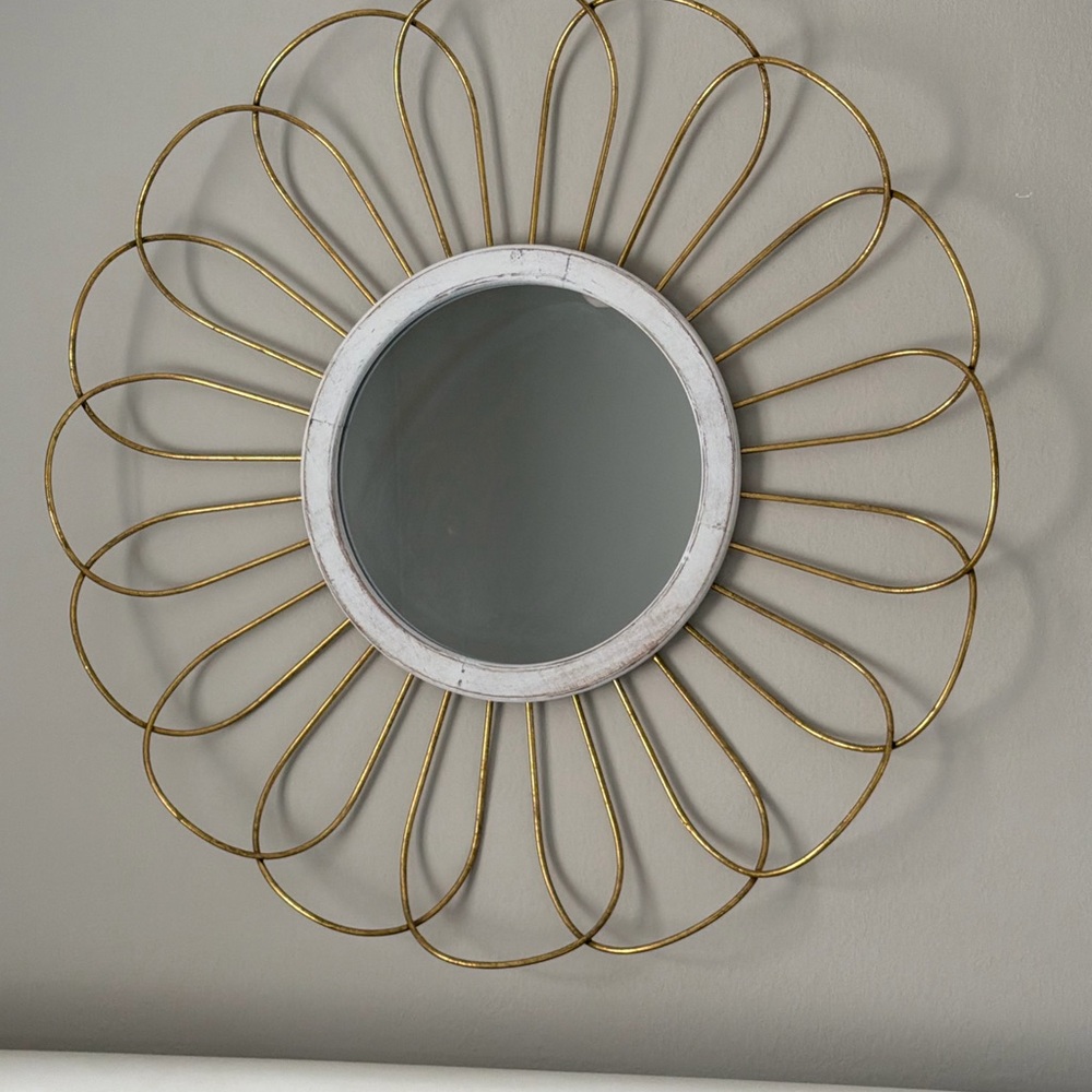 Gold Floral Metal Frame Wall Mirror with White Wood Rim